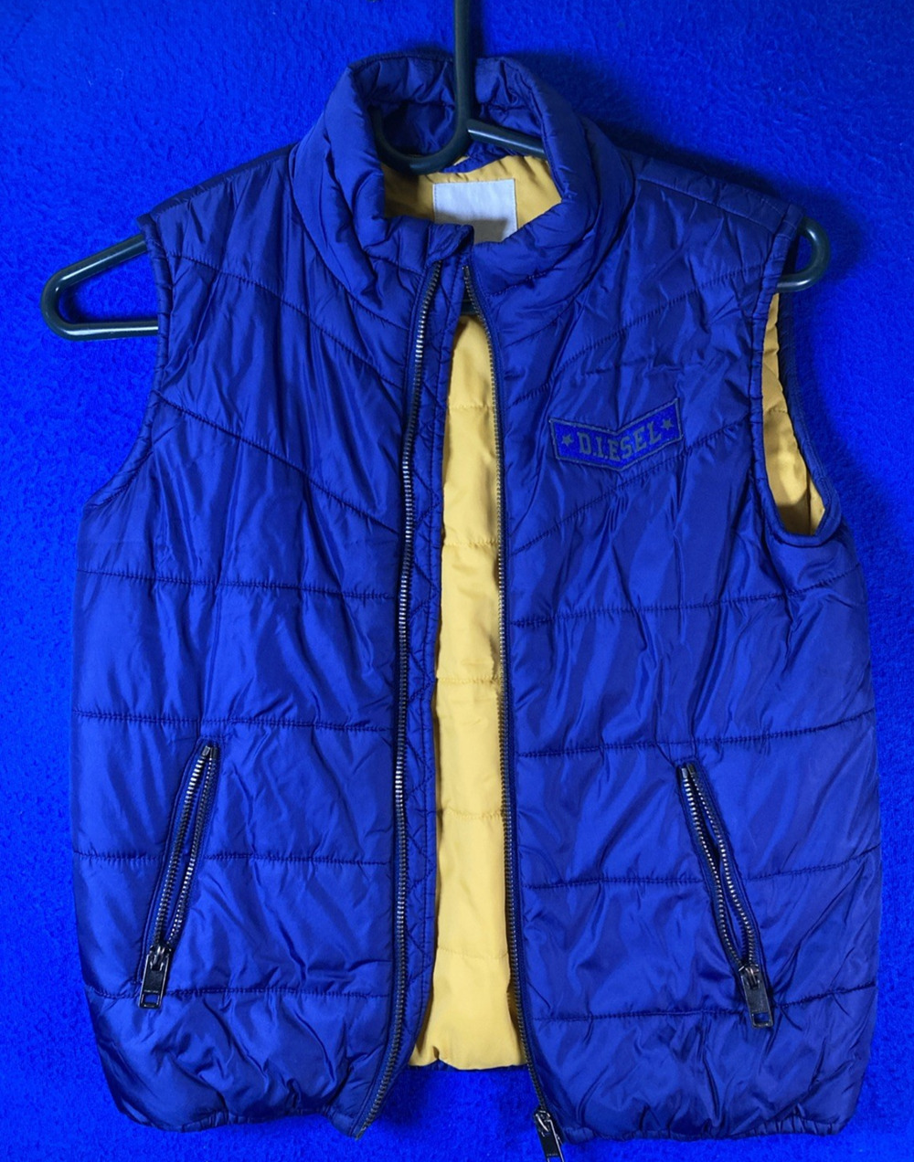 Diesel Boys Blue Puffer Vest Jacket Youth Size 10 Yellow Lining Full Zip